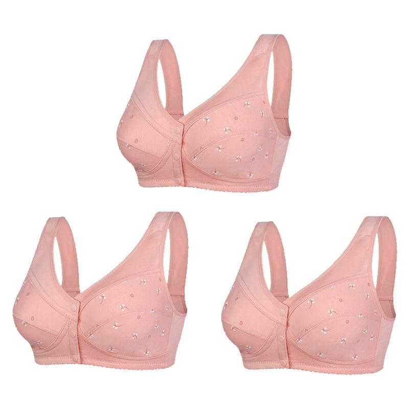 Three packs of Arenzza women's senior front closure cotton bras in white, showing soft fabric and comfortable design.
