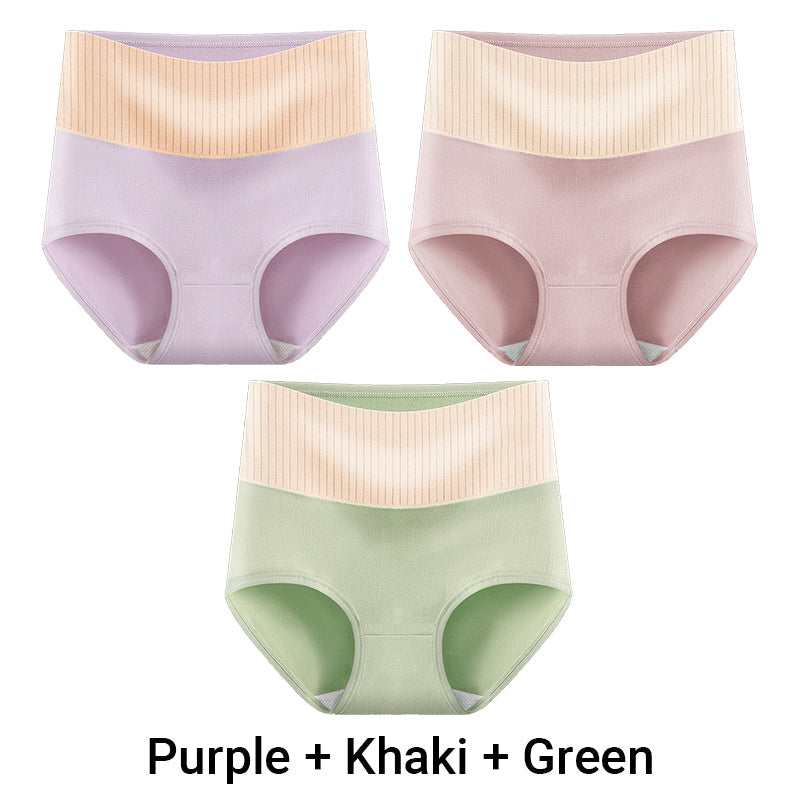 Three pairs of Arenzza women's high waisted breathable antibacterial soft underwear laid out flat, showcasing their comfortable fit.