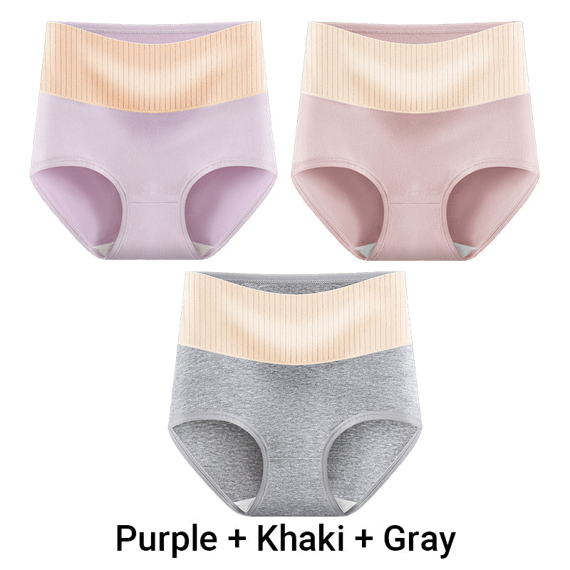 Three pairs of Arenzza women's high waisted breathable antibacterial soft underwear laid out on a white background.