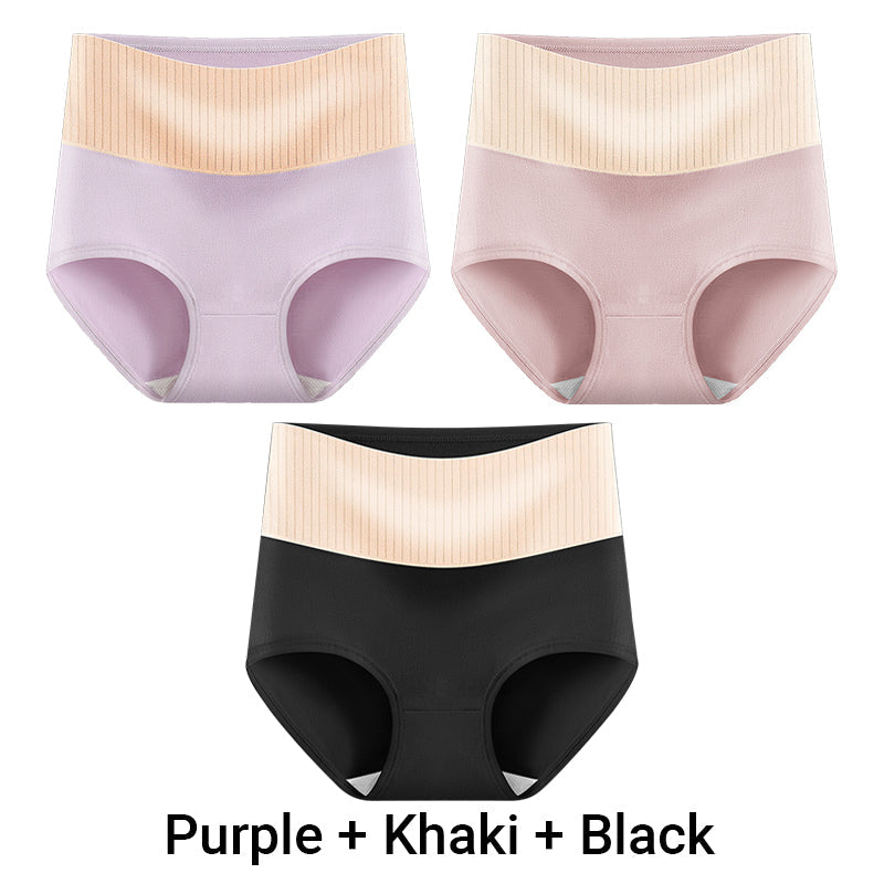 Three pairs of Arenzza women's high-waisted breathable antibacterial soft underwear laid flat, showcasing comfortable, lightweight fabric.