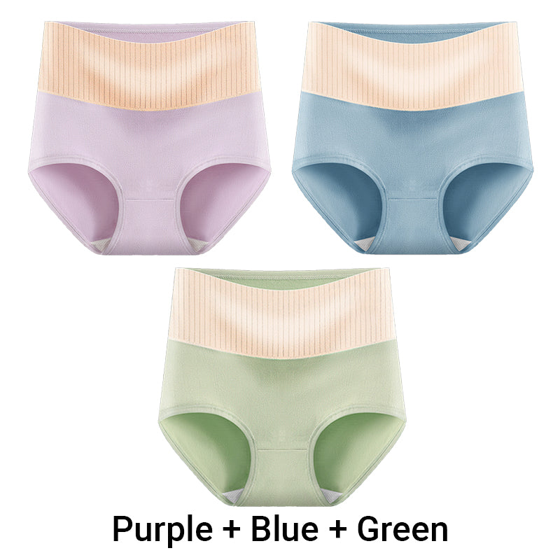 Three pairs of Arenzza women's high waisted breathable antibacterial soft underwear laid out flat.