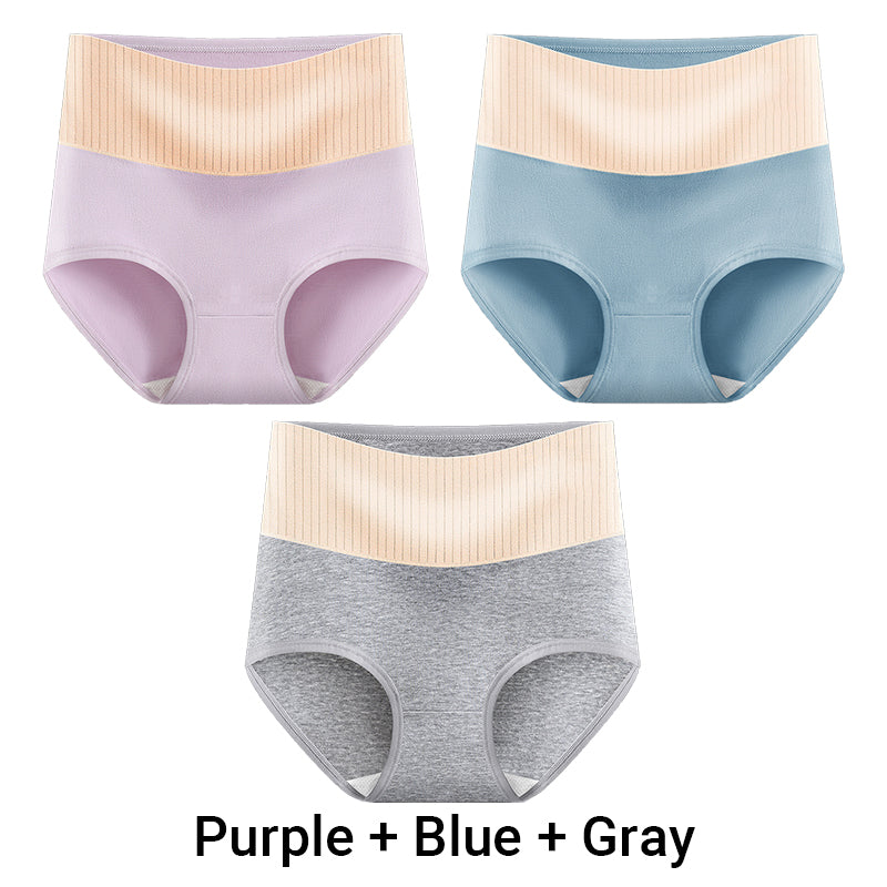 Three pairs of Arenzza women's high waisted breathable antibacterial soft underwear laid out on a white background.