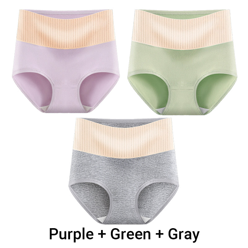 Three pairs of Arenzza women's high-waisted breathable antibacterial soft underwear, shown in various neutral colors.