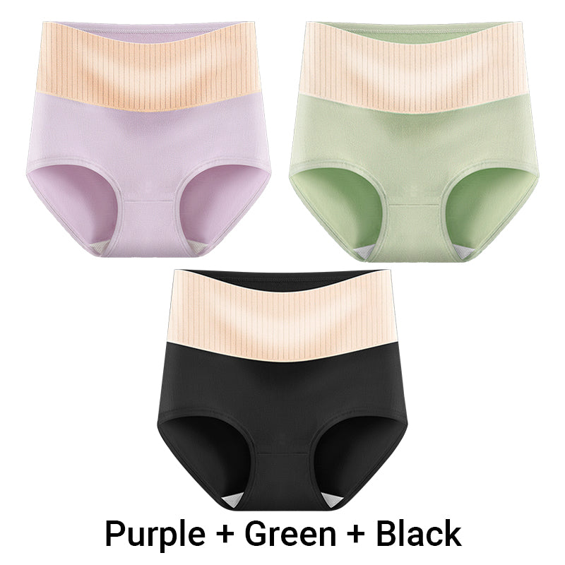 Three pairs of Arenzza women's high waisted breathable antibacterial soft underwear shown in a close-up image.