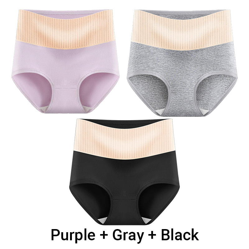 Three pairs of Arenzza women's high-waisted breathable antibacterial soft underwear, showcasing comfortable fabric and smooth fit.