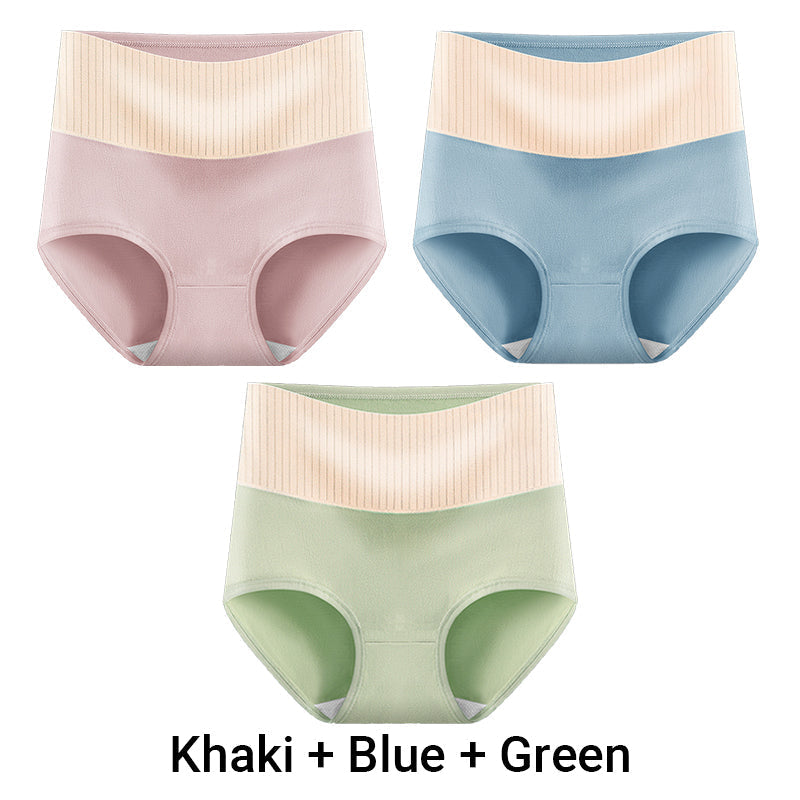 Three pairs of women’s high-waisted breathable antibacterial soft underwear by Arenzza, shown in neutral colors, highlighting comfort and fabric.