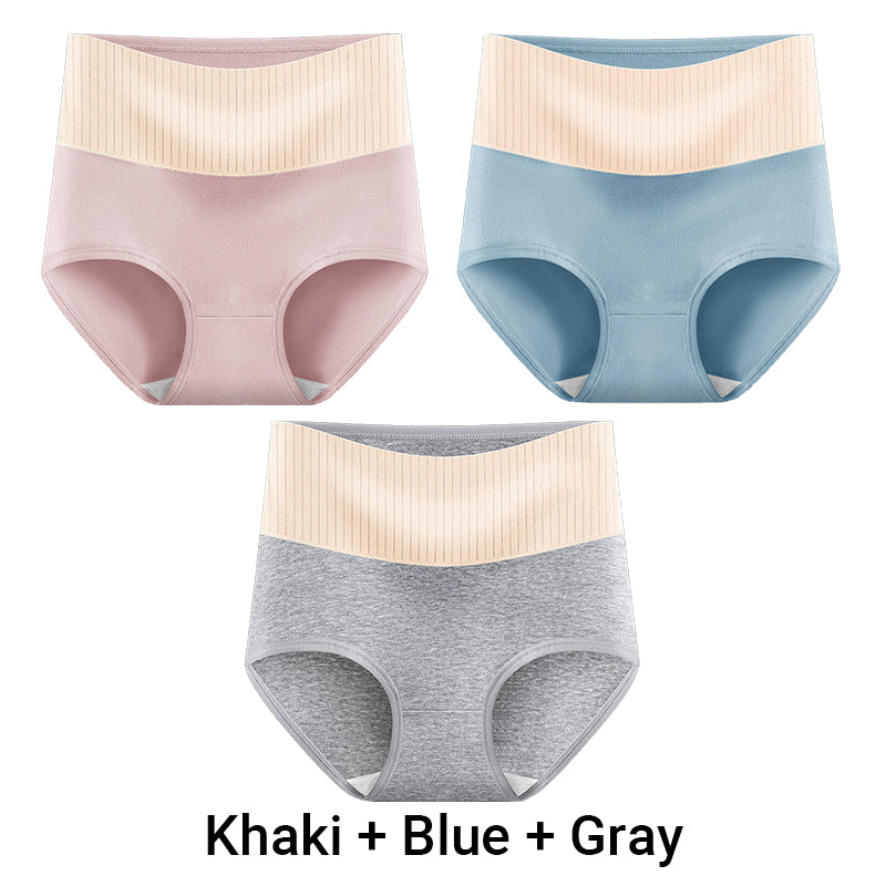 Three pairs of Arenzza women's high-waisted breathable antibacterial soft underwear displayed, showcasing comfortable and hygienic design.