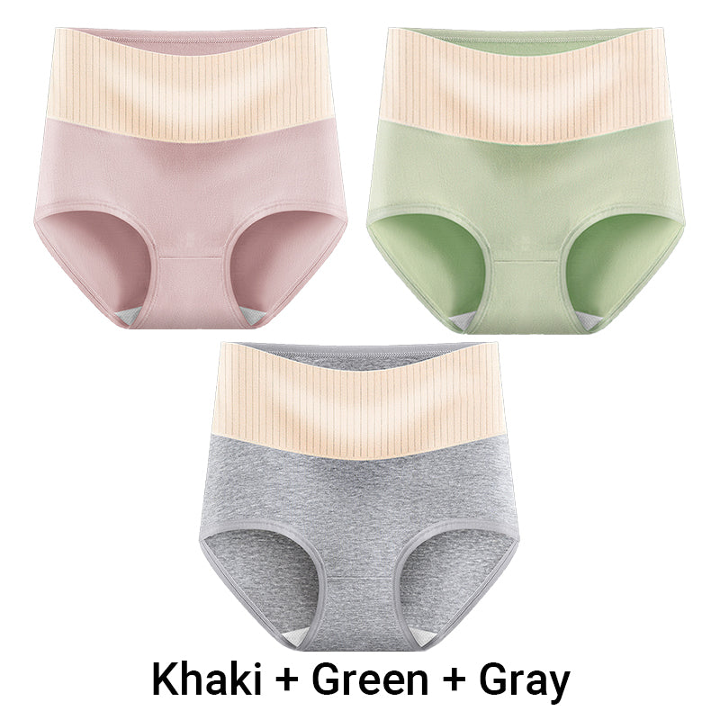 Three pairs of Arenzza women's high waisted breathable antibacterial soft underwear laid out on a surface.