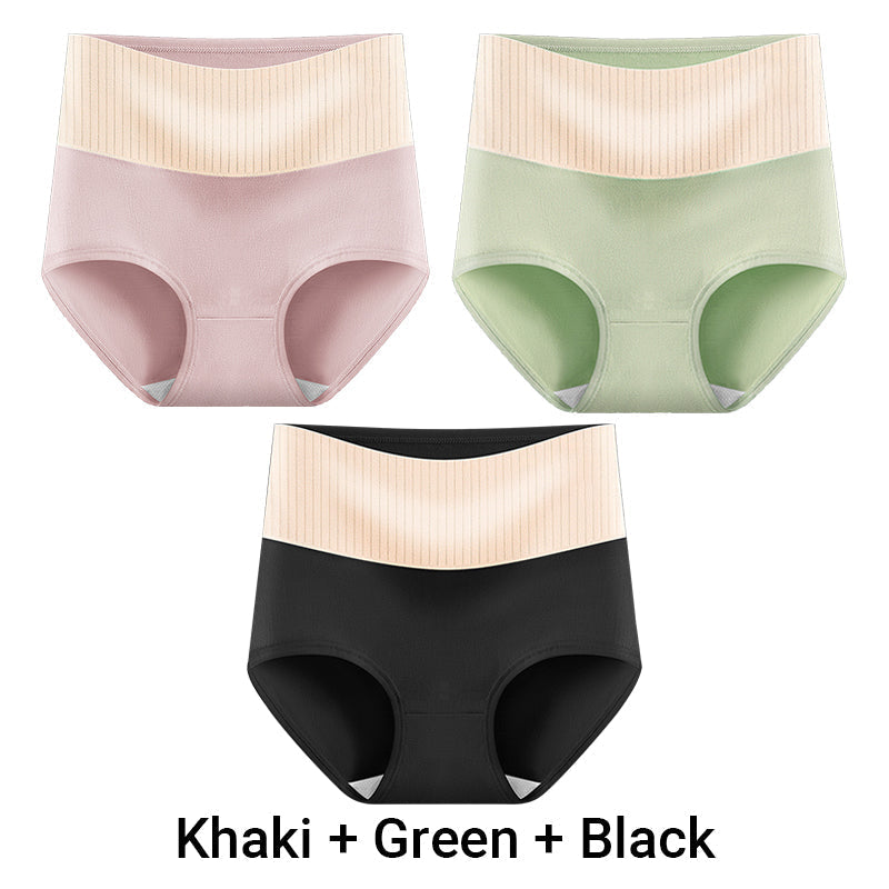 Three pairs of Arenzza women's high waisted breathable antibacterial soft underwear displayed flat, showing soft fabric and waistband.
