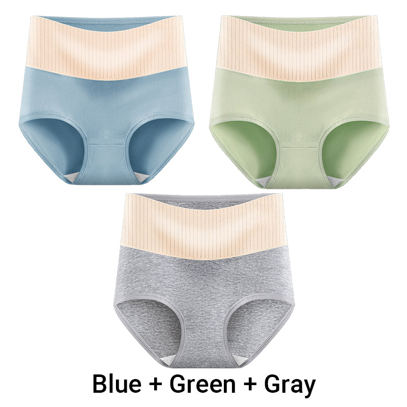 Three pairs of Arenzza women's high waisted breathable antibacterial soft underwear laid out, showcasing comfort and fabric texture.