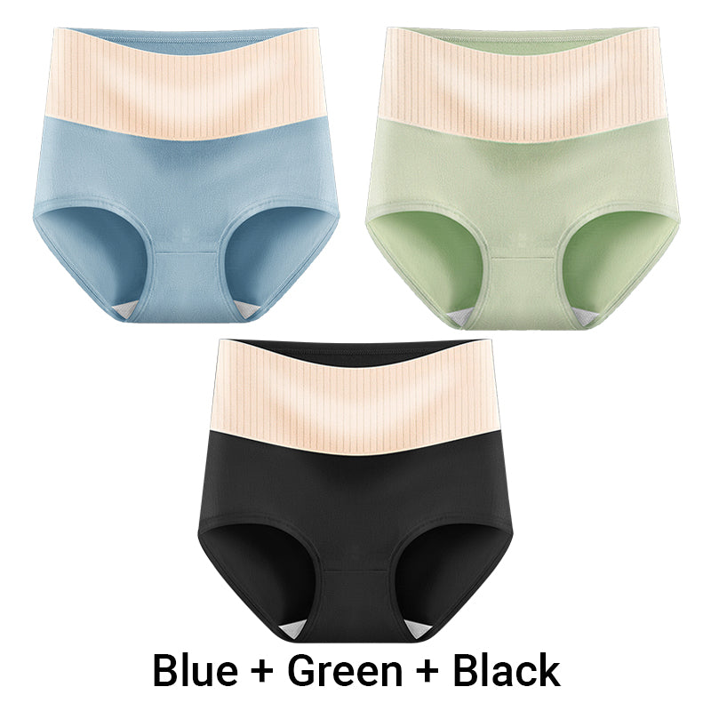 Three pairs of Arenzza women's high waisted breathable antibacterial soft underwear laid out on a flat surface.
