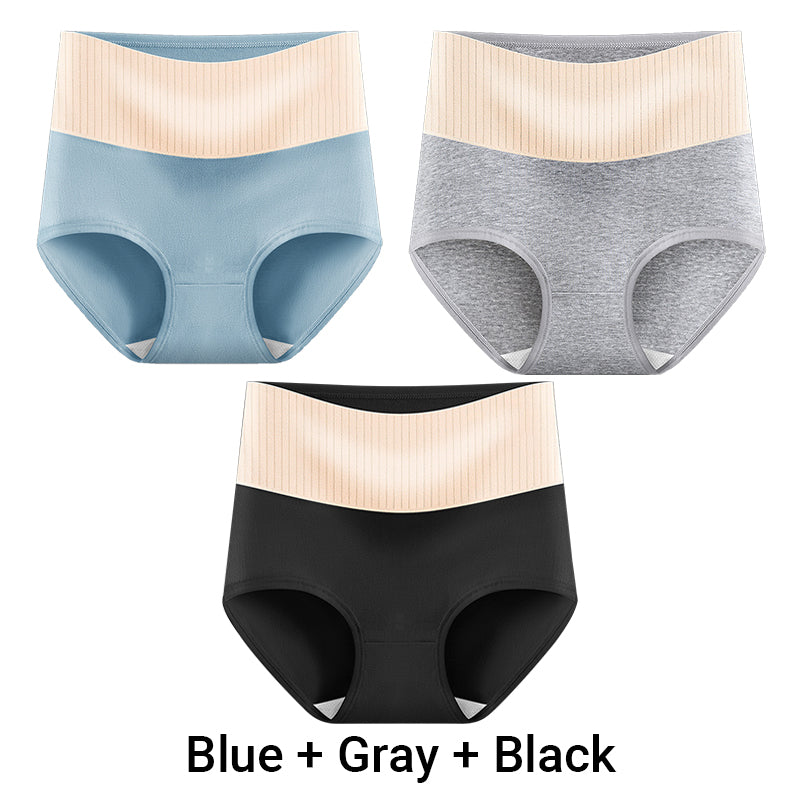 Three pairs of Arenzza women's high waisted breathable antibacterial soft underwear, displayed on a flat surface.