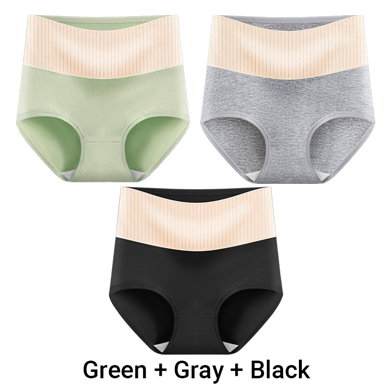 Three pairs of Arenzza women's high waisted breathable antibacterial soft underwear, shown in a close-up image.