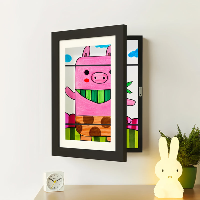 Arenzza kids art display frame showing colorful children's drawings hanging on a wall for easy viewing.