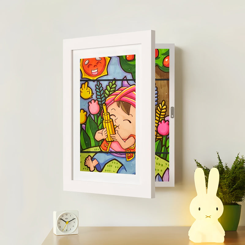 Aarenza Kids Art Display Frame showcasing colorful children's drawings arranged as wall art, designed for easy artwork display.