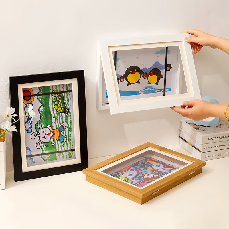 Arenzza Kids Art Display Frame showcasing colorful children's drawings framed elegantly for wall decor.