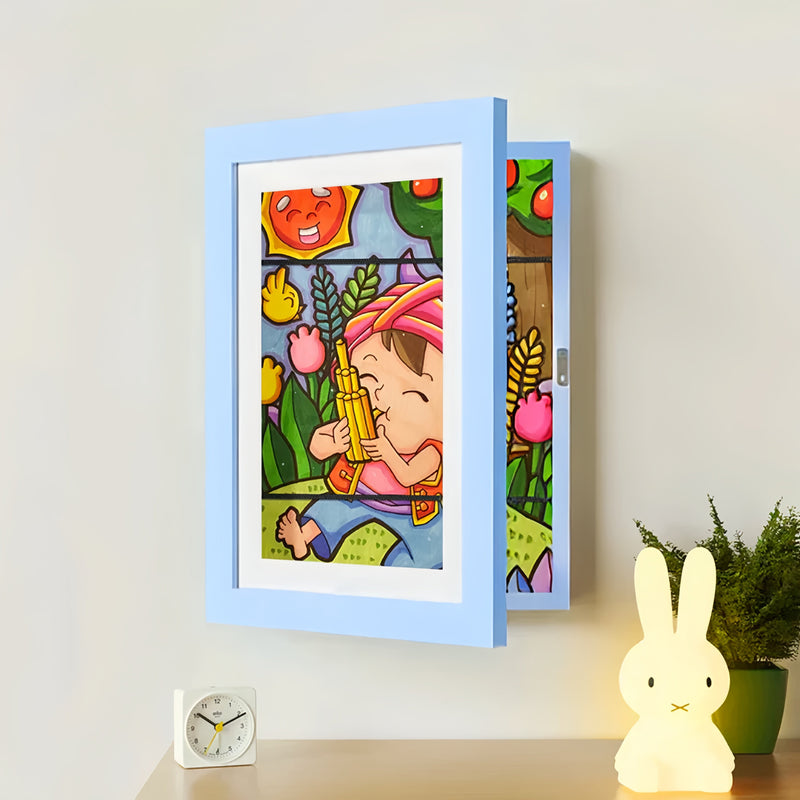 Arenzza kids art display frame showcasing colorful children's drawings mounted on a wall for stylish wall decor.