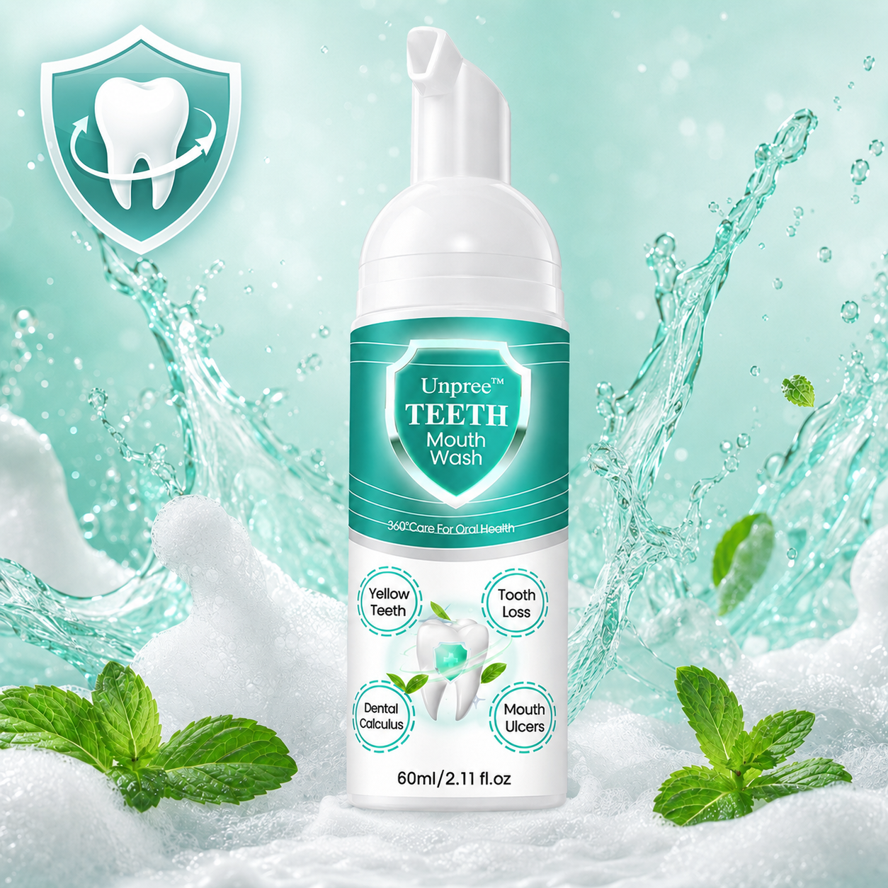 Unpree™ NEW TEETH Mouthwash by Aurenza Shop showing a bottle of oral rinse for fresh breath and oral health.