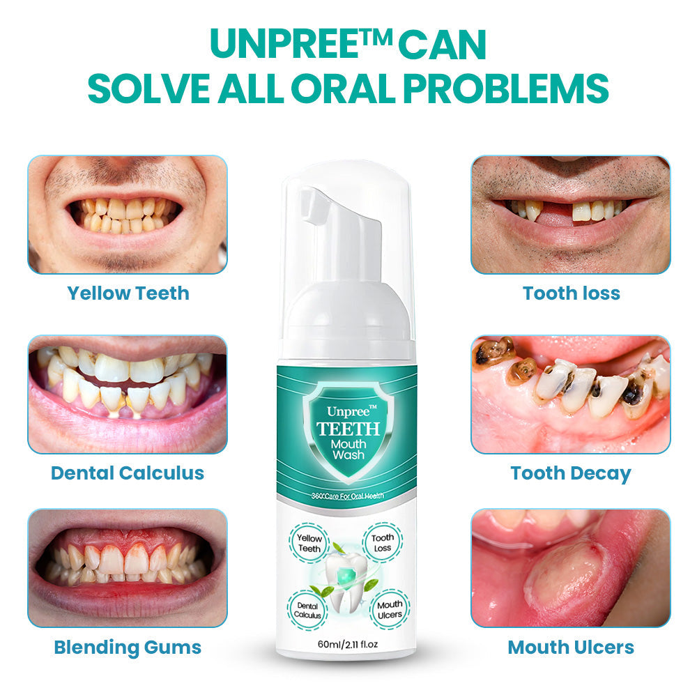 Unpree™ NEW TEETH Mouthwash bottle with label, designed to solve oral problems and promote oral health.