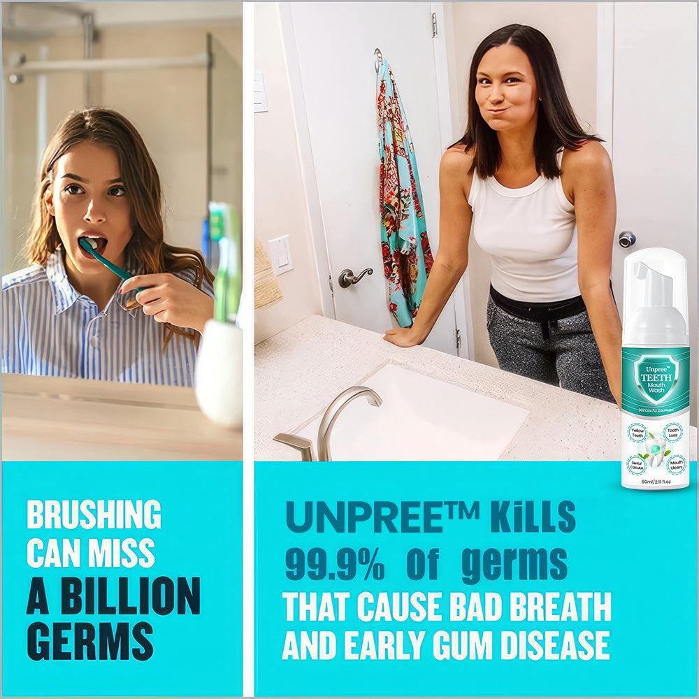 Unpree™ NEW TEETH Mouthwash by Aurenza Shop showing a bottle of oral rinse for freshening breath and solving oral problems.