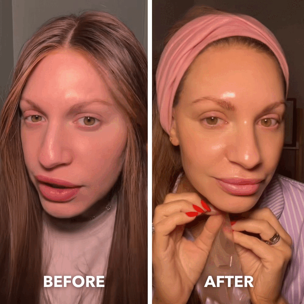Aurenza Shop pink deep collagen gel mask shown in a before and after comparison, highlighting facial skin improvement.
