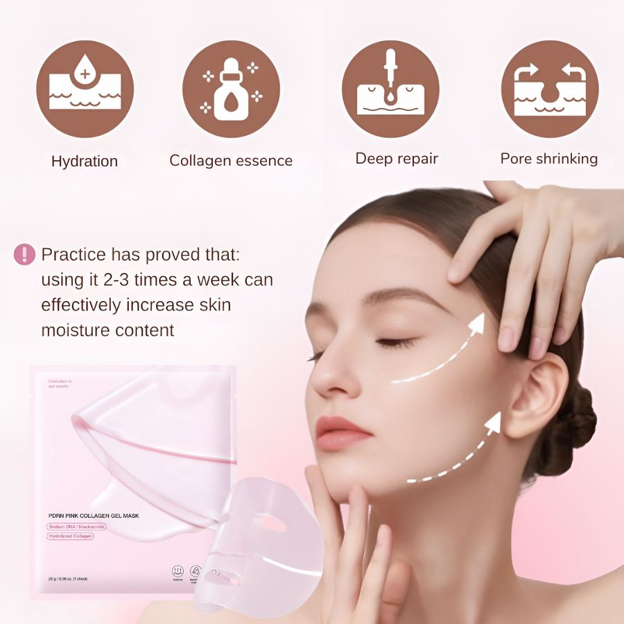 Pink Aurenza Shop Deep Collagen Gel Mask lying on a white surface, showcasing its smooth texture and vibrant pink color.