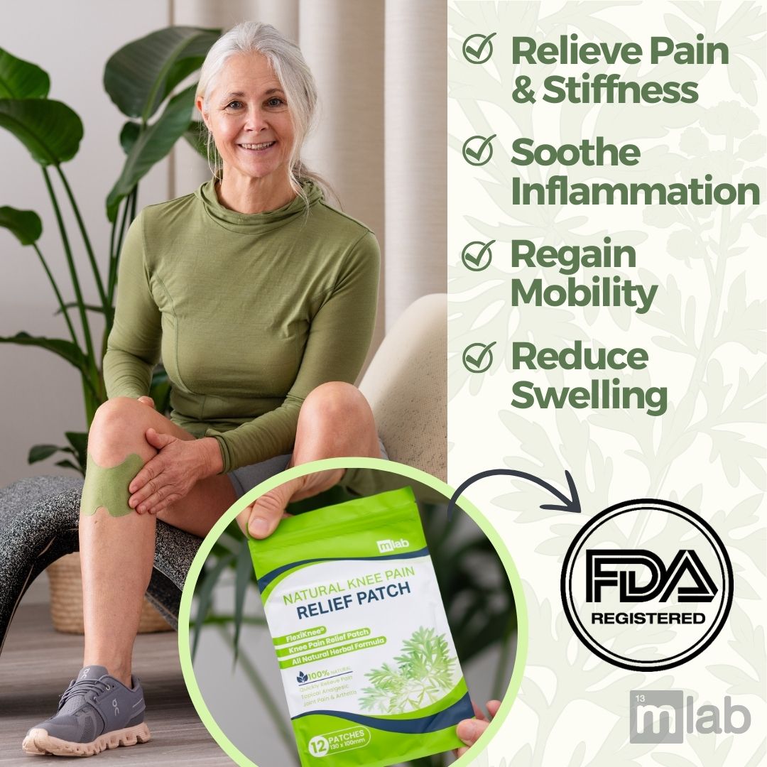 Aurenza FlexiKnee™️ natural knee pain patches applied to a person's knee for relief and support.