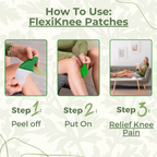 Aurenza FlexiKnee™️ natural knee pain patches applied on the knee for relief and support, showing the product packaging and application.