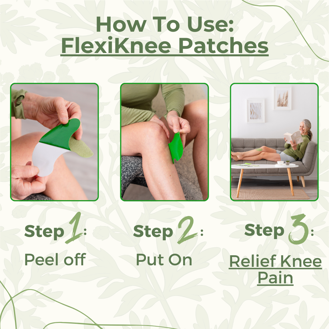 Aurenza FlexiKnee™️ natural knee pain patches applied on the knee for relief and support, showing the product packaging and application.