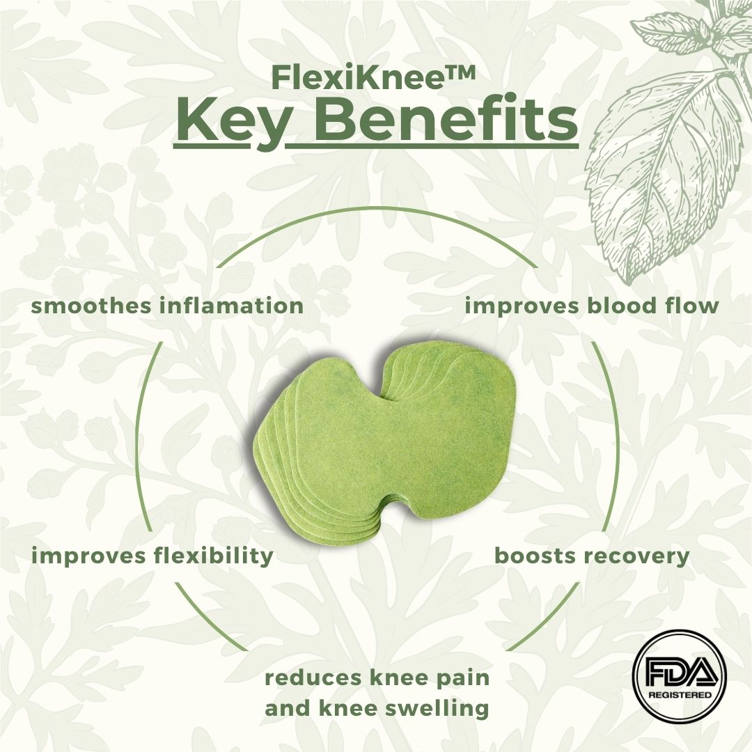A close-up of FlexiKnee™️ natural knee pain patches applied to the knee, showing their discreet, flexible design for pain relief.