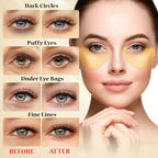 Aureza Haven gold under eye patches on a woman’s under-eye area, moisturizing and revitalizing skin with a luxurious gold formula.