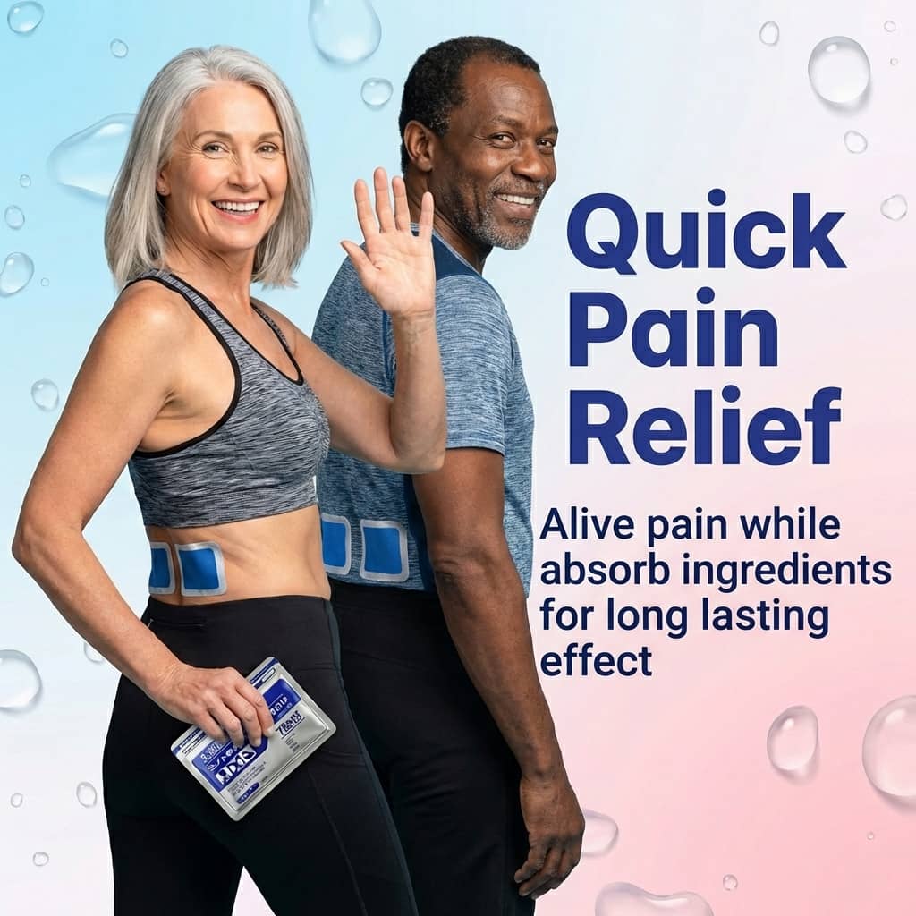 Aurenza Shop Bye Bye Knee Pain patches showing discreet herbal patches for joint pain relief and stiffness.