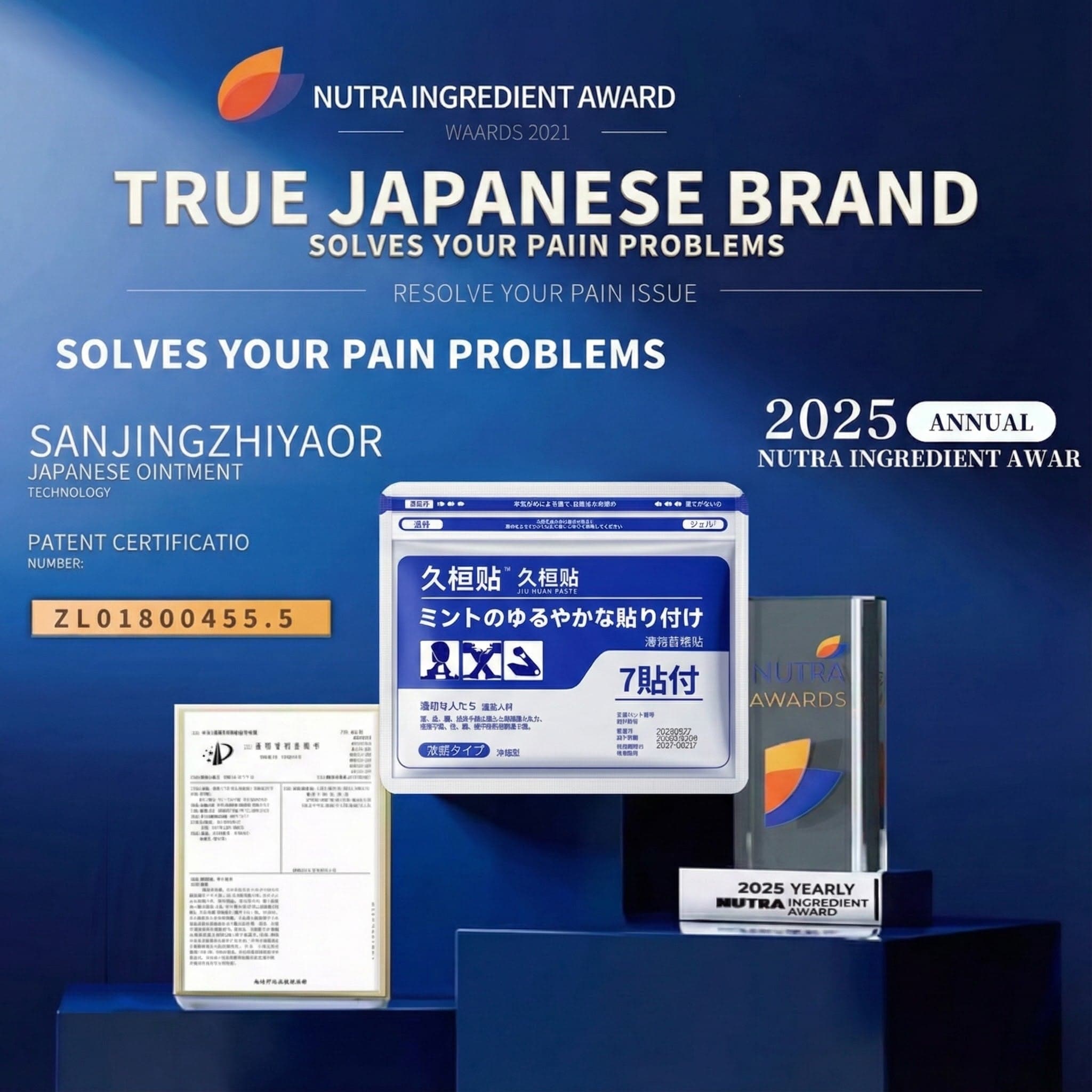 Aurenza Bye Bye Knee Pain patches showing discreet herbal patches for joint pain relief on a person's knee.