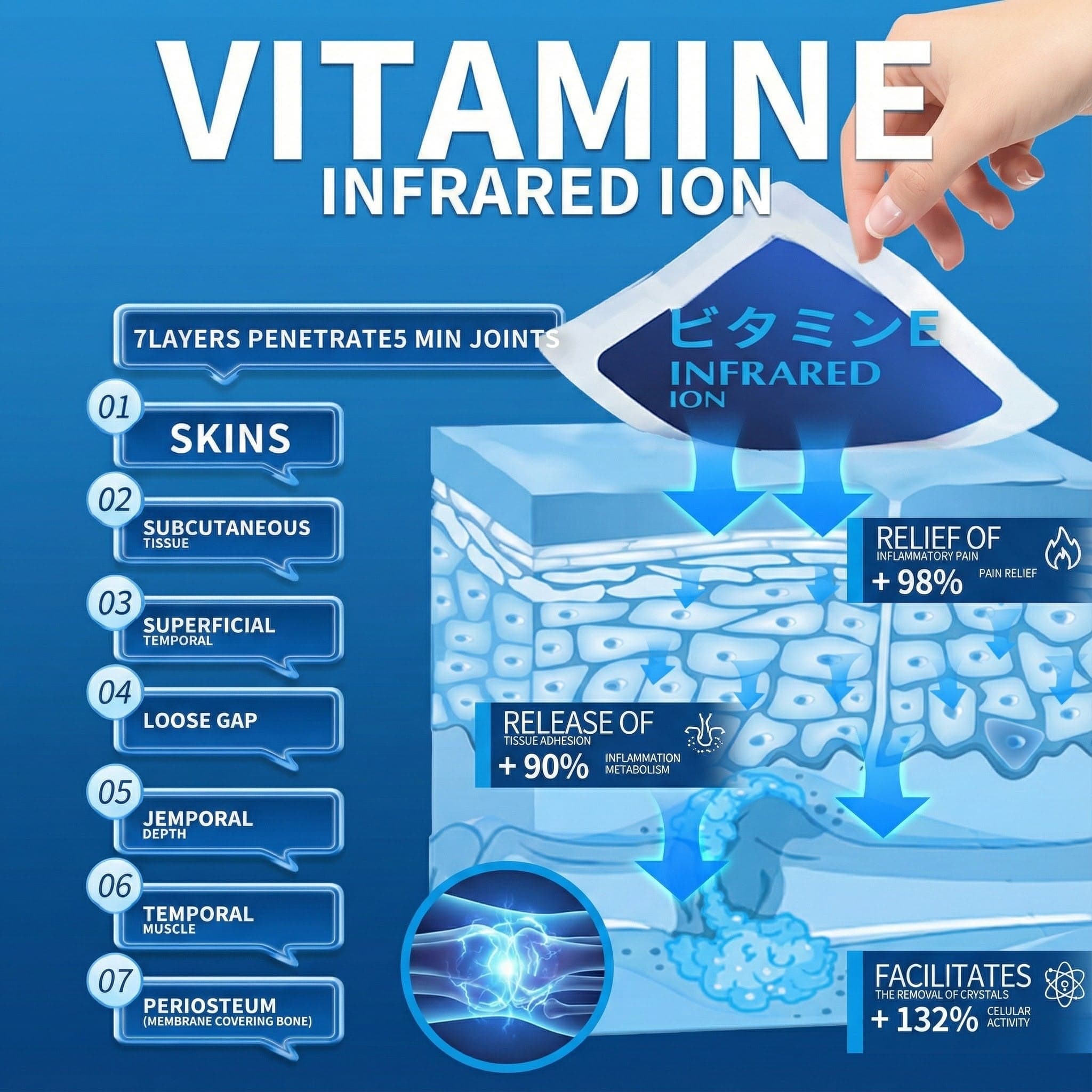 Japanese pain patches by Aurenza Shop featuring high absorption glucosamine, chondroitin, and herbal ingredients for pain relief.