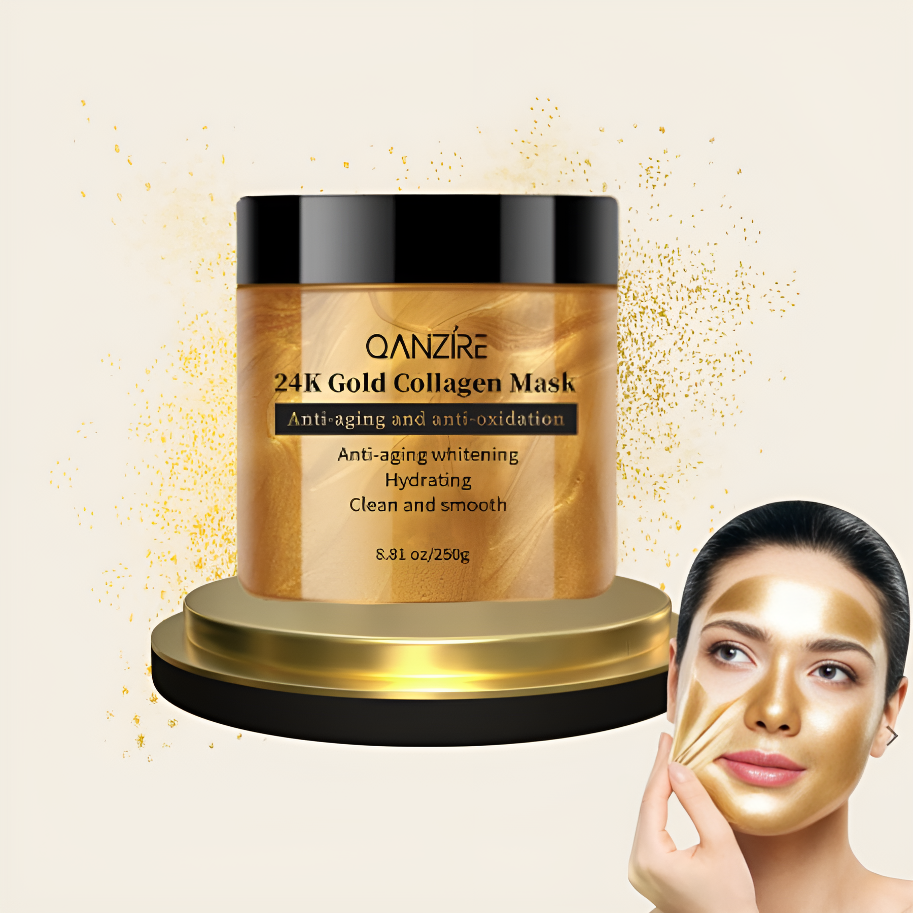 Aurenza Shop 24K anti-aging lift and firm face mask in a sleek jar, designed for quick 5-minute luxury skincare treatment.