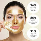 Aurenza 24K anti-aging lift and firm face mask showing the luxurious gold mask applied on a woman's face.