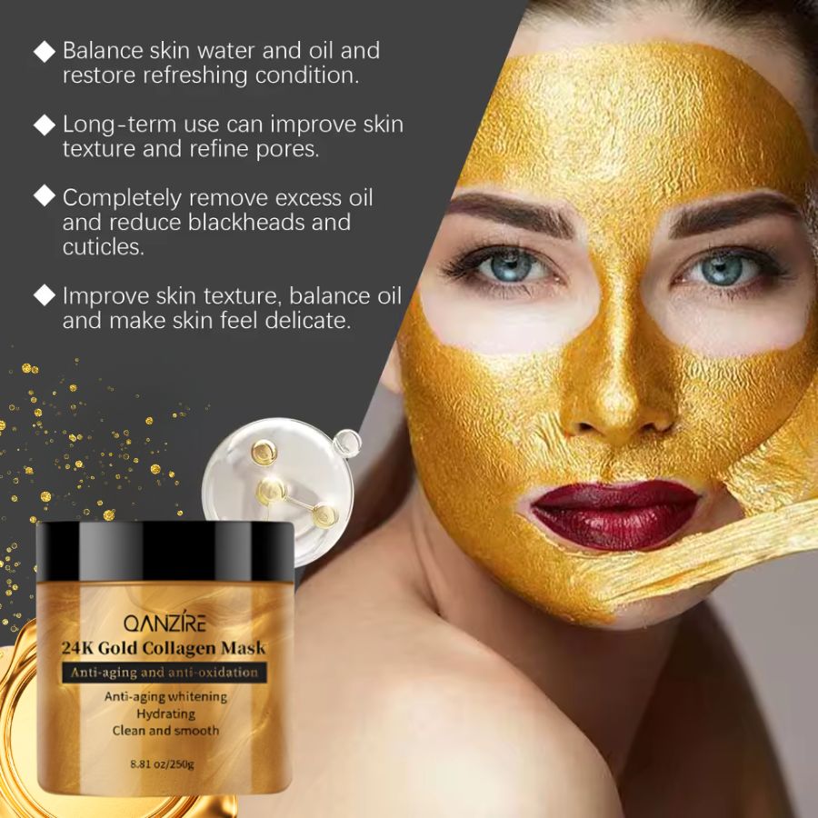 Aurenza Shop 24K anti-aging lift and firm face mask in a luxurious jar, ready for a 5-minute skincare treatment.