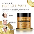 Aurenza 24K anti-aging lift and firm face mask, luxurious treatment in a sleek jar with gold accents and a smooth, creamy texture.