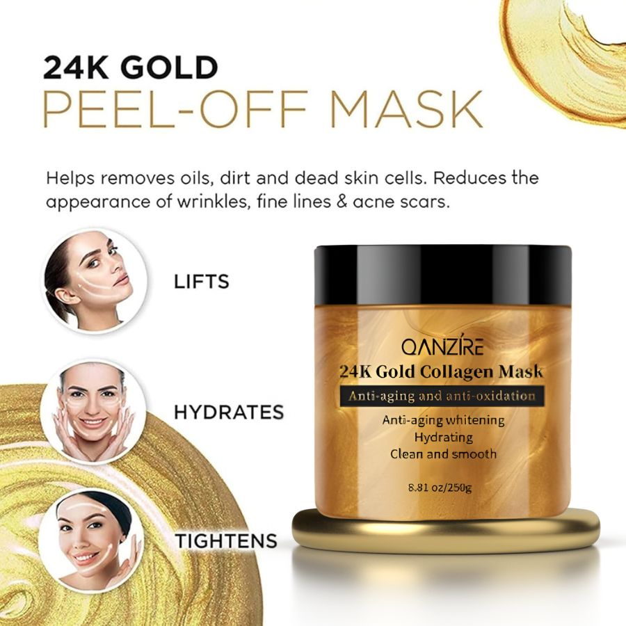 Aurenza 24K anti-aging lift and firm face mask, luxurious treatment in a sleek jar with gold accents and a smooth, creamy texture.
