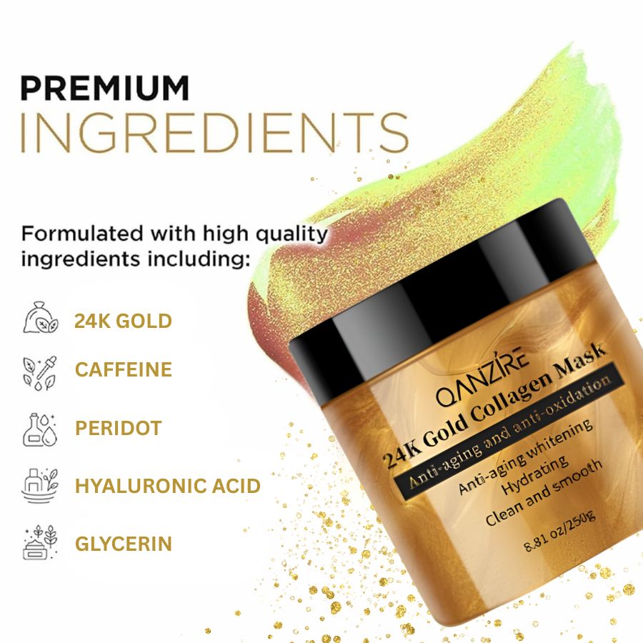 Aurenza Shop 24K anti-aging lift and firm face mask in a sleek jar, designed for quick 5-minute luxury skin treatment.