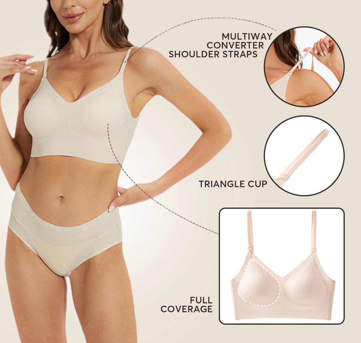 A woman wearing the SkinHaven VersaForm Seamless Bra by Aurenza Shop, showcasing its smooth, comfortable fit and seamless design.