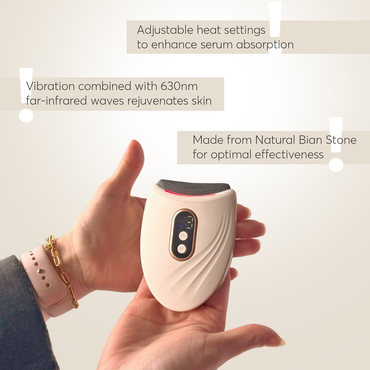Aurenza Shop RadianceLift Pro 3-in-1 anti-aging sculptor device showing a close-up of the sleek, ergonomic design with control buttons