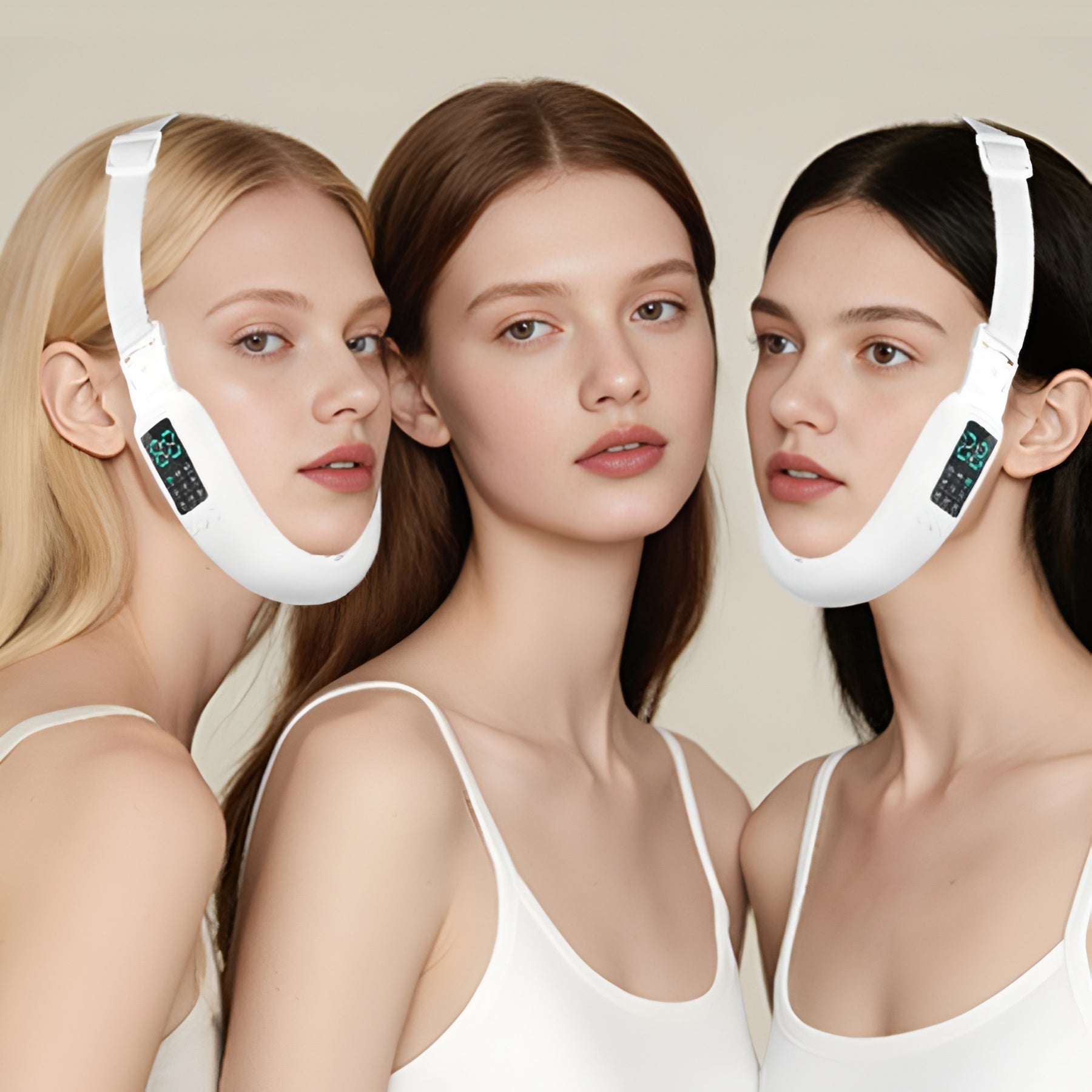 Aurenza Smart Face Sculpting Device with 8 modes for double chin reduction and jawline definition, shown on a display screen.