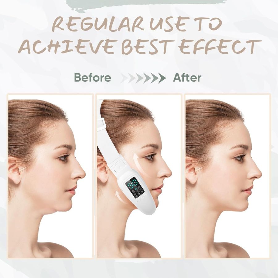 Aurenza Smart Face Sculpting Device with 8 modes for double chin reduction and jawline definition, shown in use.