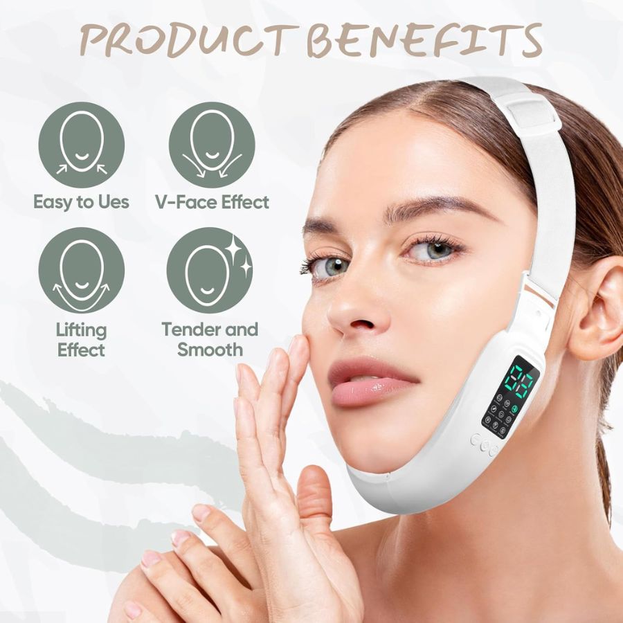 Aurenza Smart Face Sculpting Device showing eight modes for double chin reduction and jawline definition.