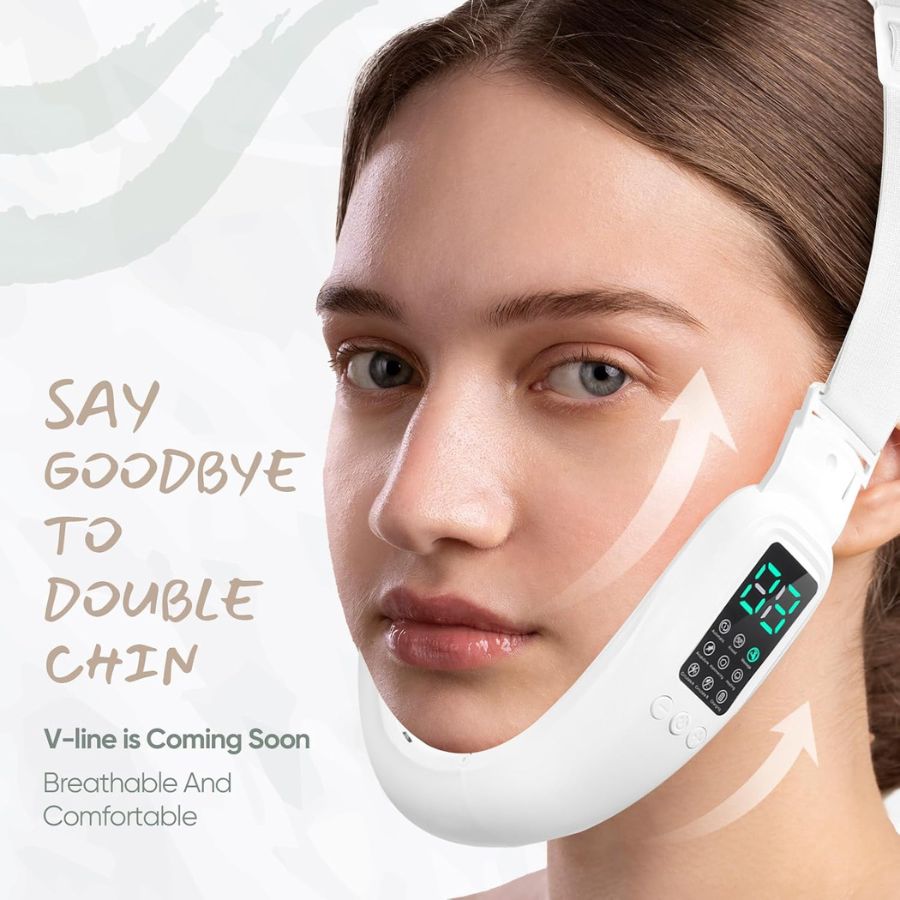 Aurenza Smart Face Sculpting Device with 8 modes for double chin reduction and jawline definition, shown with sleek design.