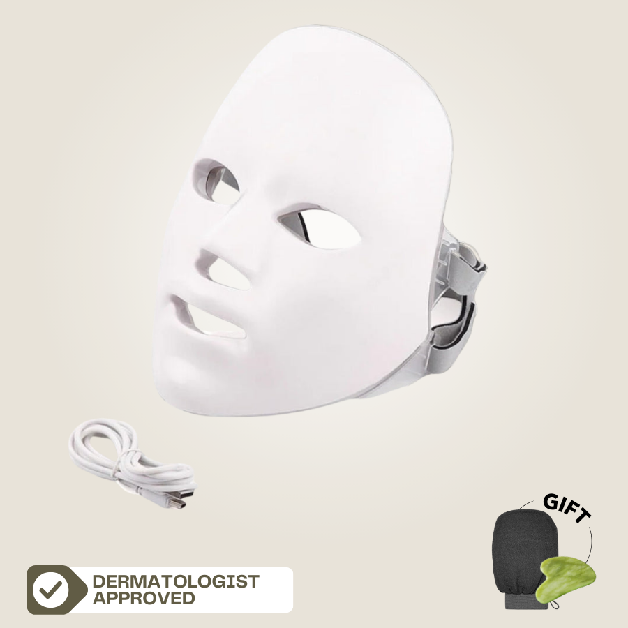 Aurenza Shop Face Mask Light Therapy Pro in white, showing a sleek LED light therapy mask with adjustable straps on a white background.