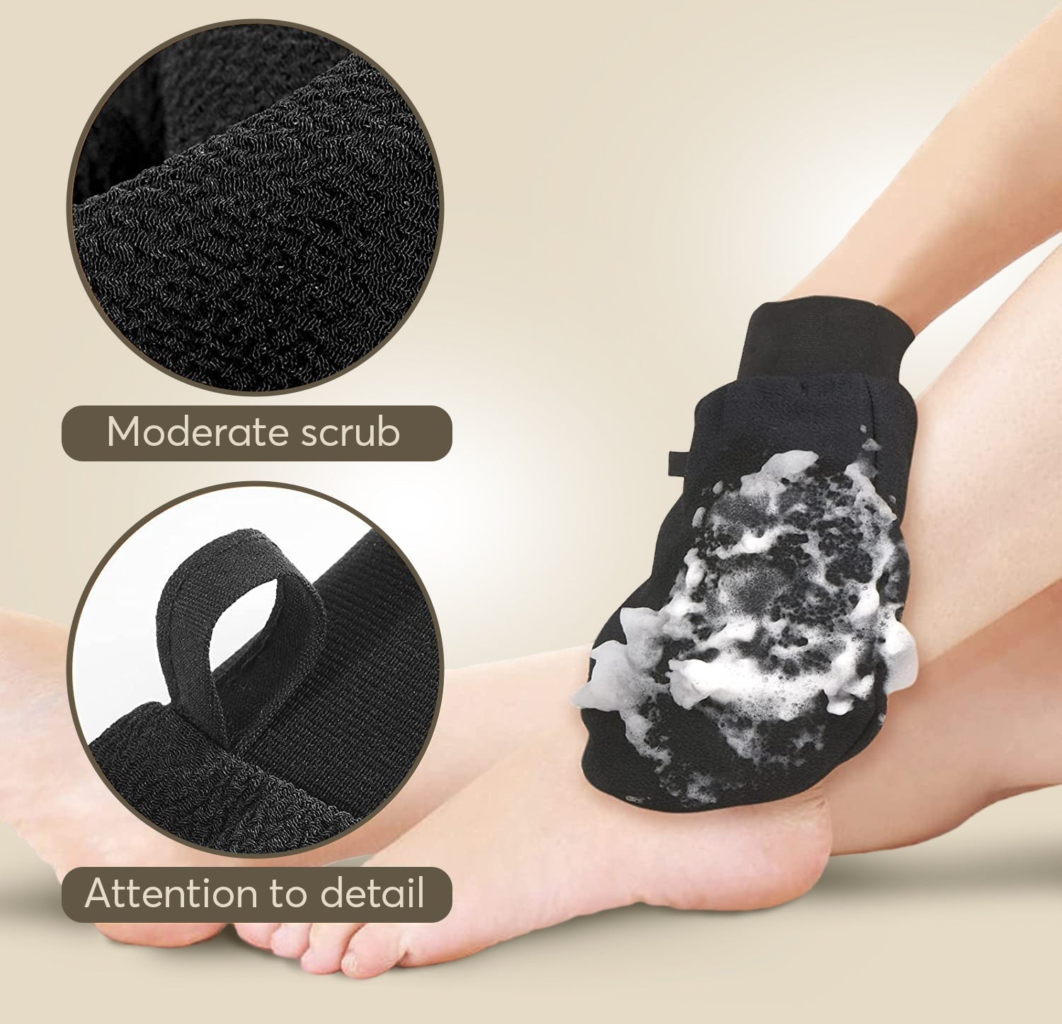 Two Aurenza Shop exfoliating glove body scrubbers in black mesh for gentle skin exfoliation and smooth, refreshed skin.