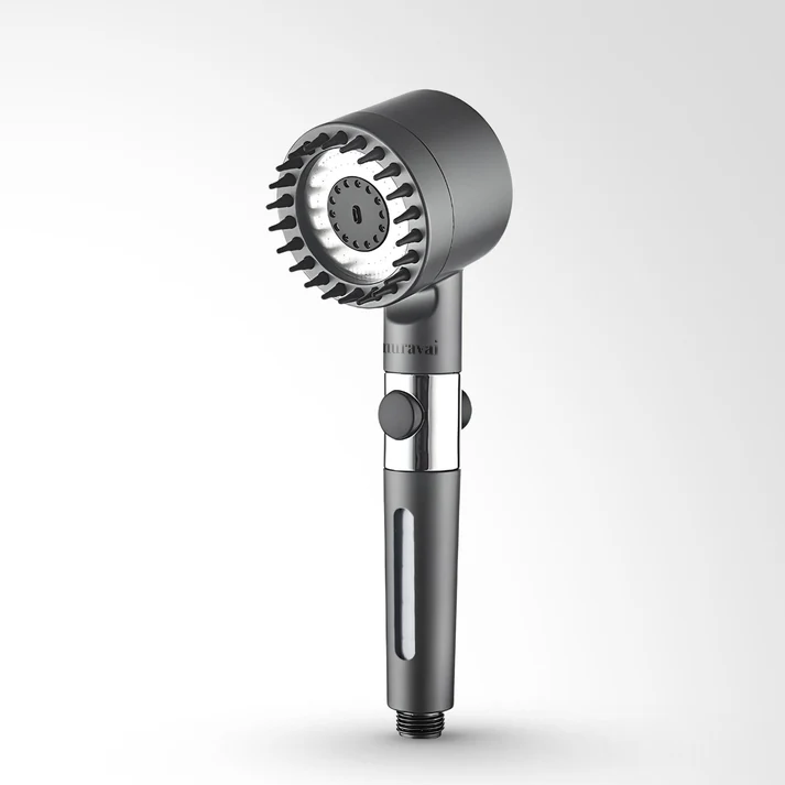 A gray Aurenza Shop Filtered Showerhead with a sleek design, featuring multiple spray nozzles and modern styling.