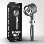 Aurenza Shop The Filtered Showerhead showing a sleek chrome design with adjustable spray settings on a bathroom wall.